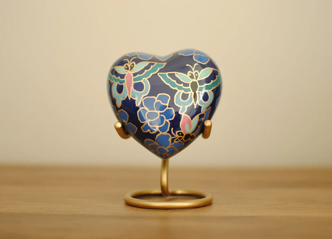 Cloisonné Cremation Heart Urn for Human Ashes | Hand Painted Classical Butterflies Keepsake Urn | Floral Royal Blue Handcrafted Urn | 3"X3