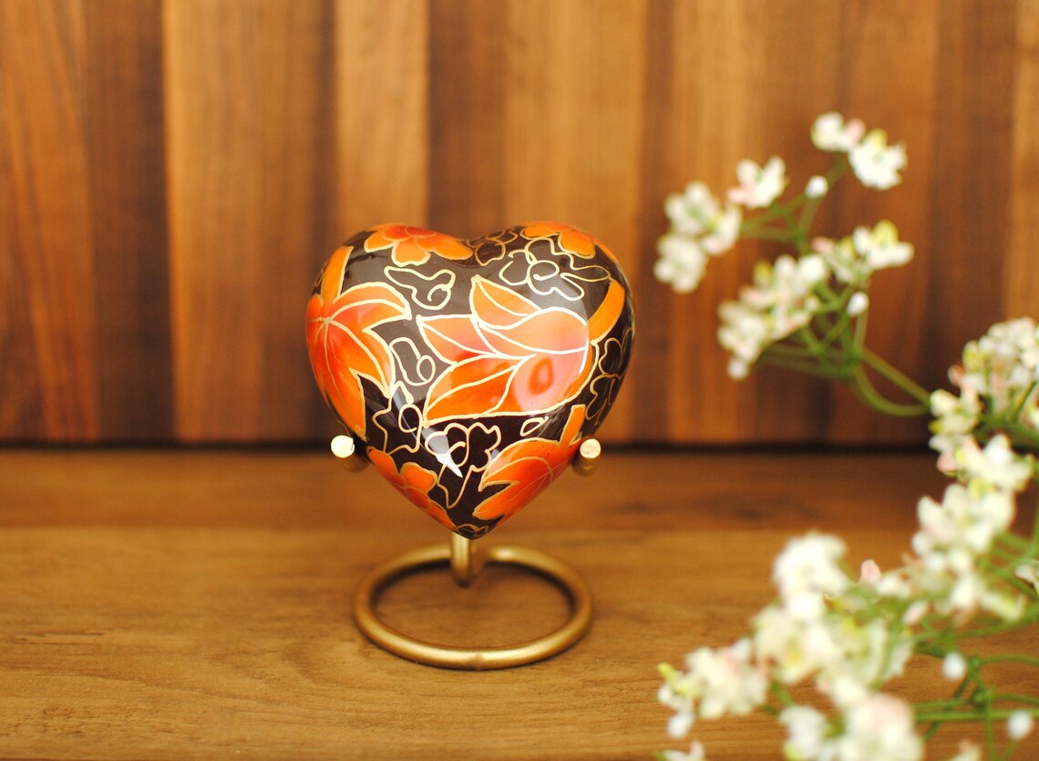 Cloisonné Cremation Heart Urn for Human Ashes | Hand Painted Maple-Red Heart Keepsake | Red Maple Leaves Miniature Urn | 3"X3"