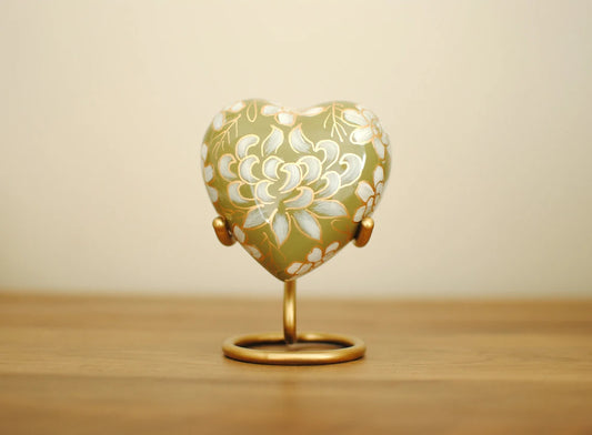 Cloisonné Cremation Heart Urn for Human Ashes | Hand Painted Greenish Yellow Heart Keepsake | Periwinkle Flowers Miniature Urn | 3"X3"