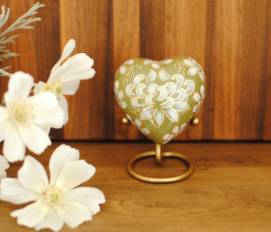 Cloisonné Cremation Heart Urn for Human Ashes | Hand Painted Greenish Yellow Heart Keepsake | Periwinkle Flowers Miniature Urn | 3"X3"