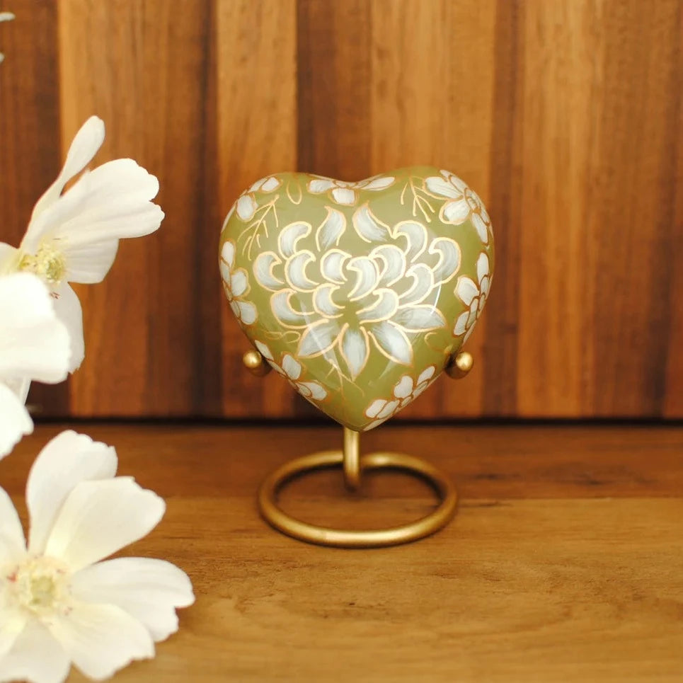 Cloisonné Cremation Heart Urn for Human Ashes | Hand Painted Greenish Yellow Heart Keepsake | Periwinkle Flowers Miniature Urn | 3"X3"