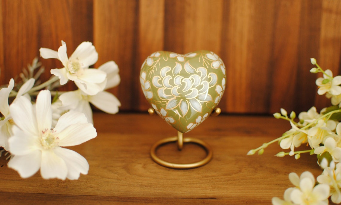 Cloisonné Cremation Heart Urn for Human Ashes | Hand Painted Greenish Yellow Heart Keepsake | Periwinkle Flowers Miniature Urn | 3"X3"