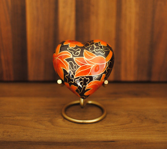 Cloisonné Cremation Heart Urn for Human Ashes | Hand Painted Maple-Red Heart Keepsake | Red Maple Leaves Miniature Urn | 3"X3"