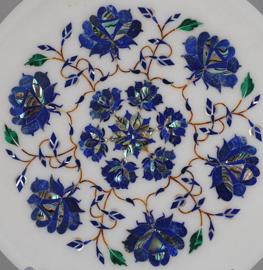 Lapis Allure : Pure White Marble Decorative Wall Plate | Lapis Lazuli Studded Collectors' Item | Semi-Precious Gemstones Plate