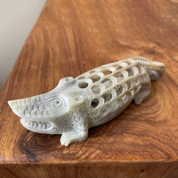 Soapstone Ferocious Crocodile Décor | Crocodile Figurine | Soapstone Crocodile Cub Inside | One Piece Stone Crocodile | 4.25" X 1.25" X 1"