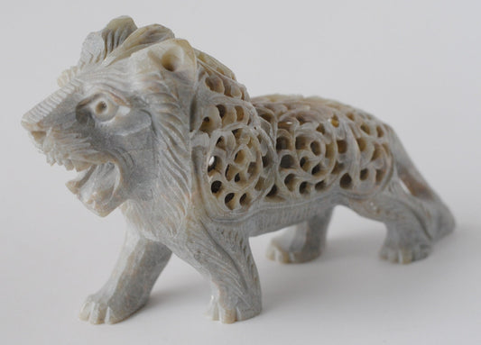 Soapstone King Lion Décor | Asiatic Majestic Lion Stone Figurine | Soapstone Lion Cub Inside | One Piece Undercut Lion | 5" X 3" X 1.5"