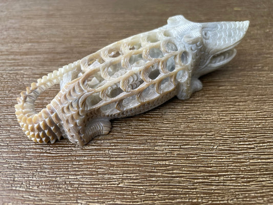 Soapstone Ferocious Crocodile Décor | Crocodile Figurine | Soapstone Crocodile Cub Inside | One Piece Stone Crocodile | 4.25" X 1.25" X 1"