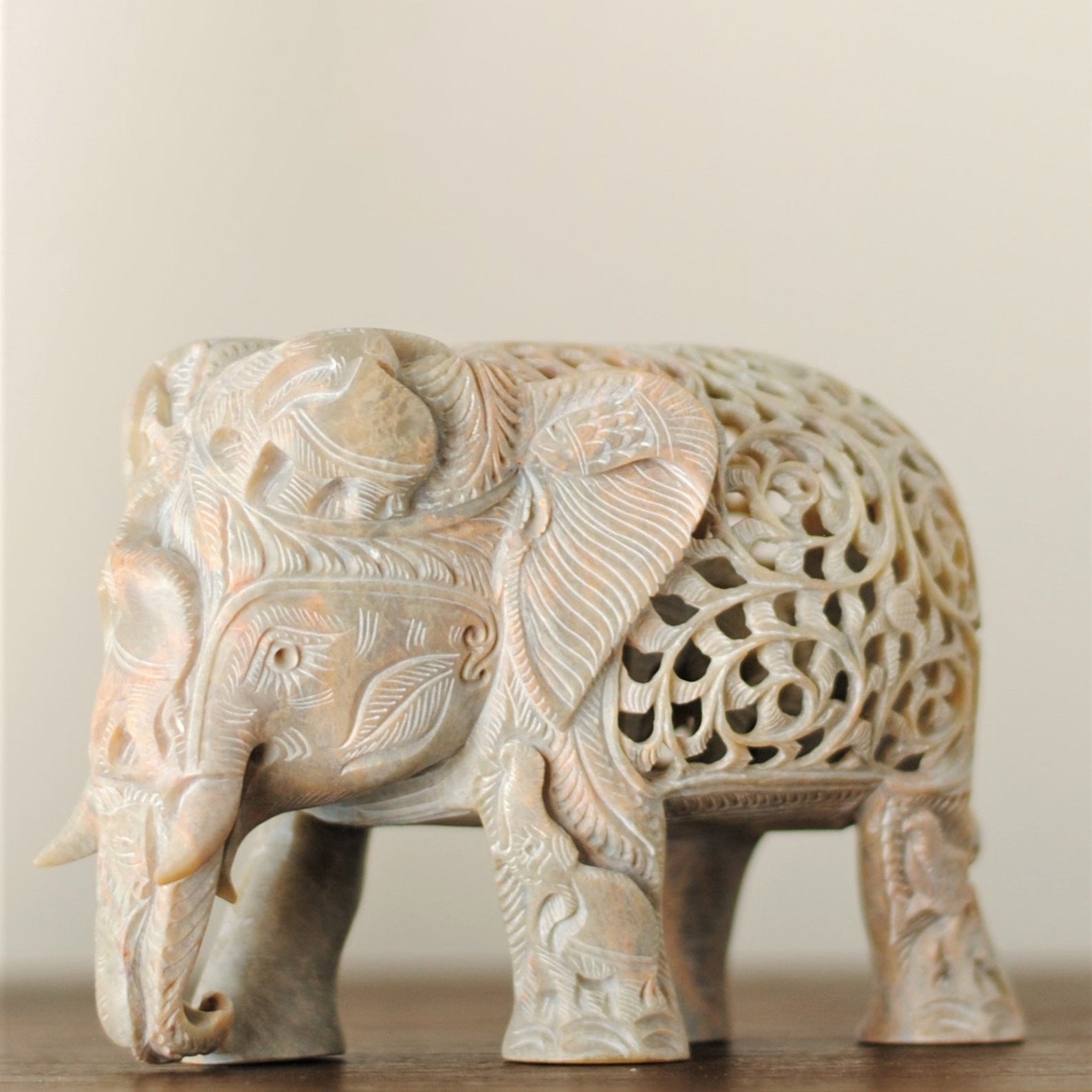 Soapstone Majestic Elephant Décor | Indian Elephant Garden Décor | Elephant Calf Inside | Handcrafted One Piece Fine Undercut | 6"X4"X3.5"