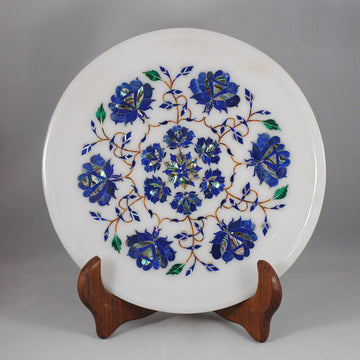 Lapis Allure : Pure White Marble Decorative Wall Plate | Lapis Lazuli Studded Collectors' Item | Semi-Precious Gemstones Plate