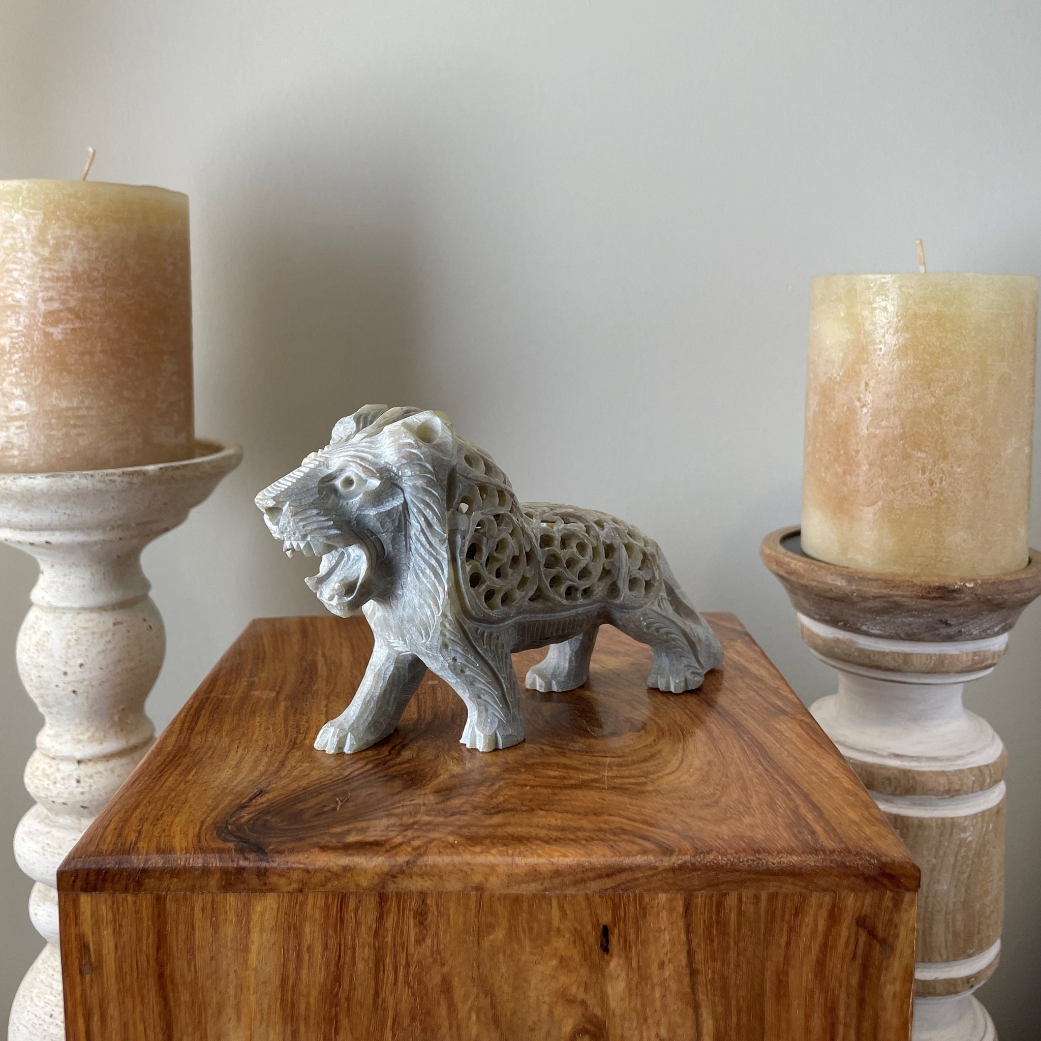 Soapstone King Lion Décor | Asiatic Majestic Lion Stone Figurine | Soapstone Lion Cub Inside | One Piece Undercut Lion | 5" X 3" X 1.5"