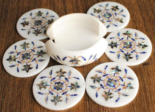 Elegant Coasters : Pure Marble Handcrafted Coaster Set | Gemstones Studded Decorative Coasters | Pietra Dura Work on Marble Coasters