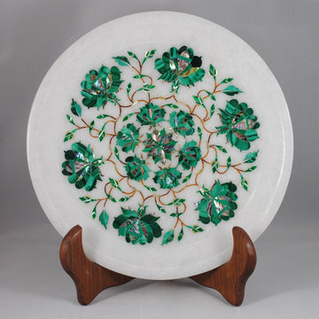 Malachite Magic: Pure White Marble Decorative Wall Plate | Handcrafted Pietra Dura Antique Craft | Semi-Precious Gemstones Studded Plate 8"