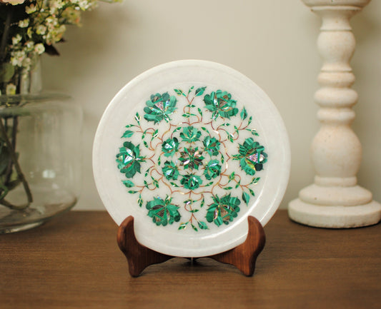 Malachite Magic: Pure White Marble Decorative Wall Plate | Handcrafted Pietra Dura Antique Craft | Semi-Precious Gemstones Studded Plate 8"