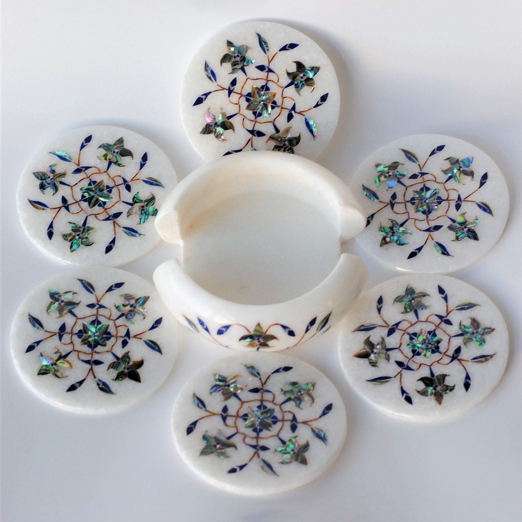 Elegant Coasters : Pure Marble Handcrafted Coaster Set | Gemstones Studded Decorative Coasters | Pietra Dura Work on Marble Coasters